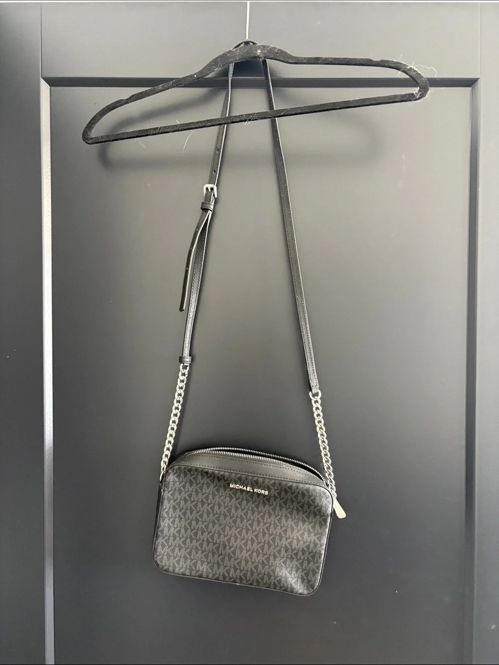 Michael Kors Black MK Logo Crossbody with Silver Chain